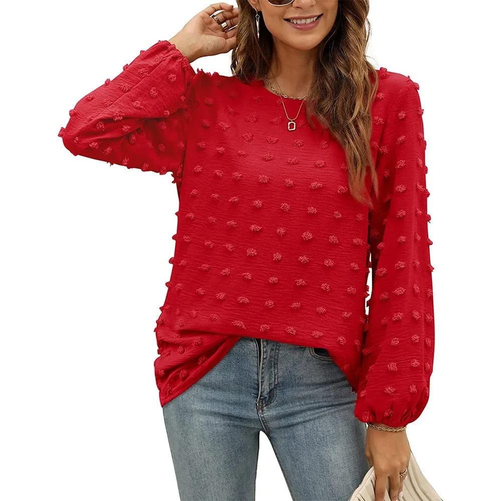 Camicetta in chiffon da donna, girocollo, maniche lunghe con pompon eleganti.