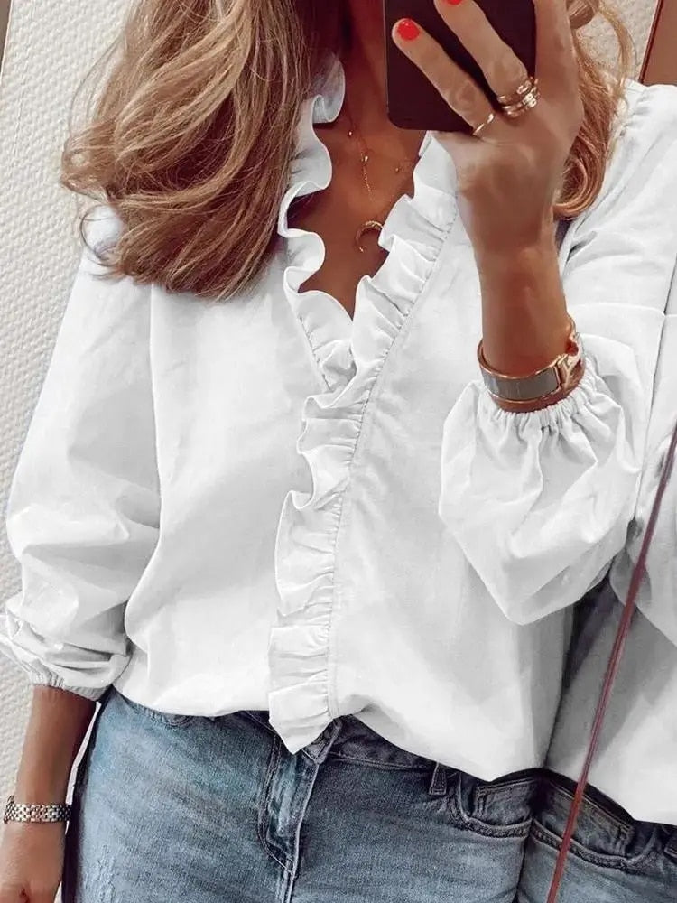 Camisa de manga larga con volantes para mujer - moda primavera verano