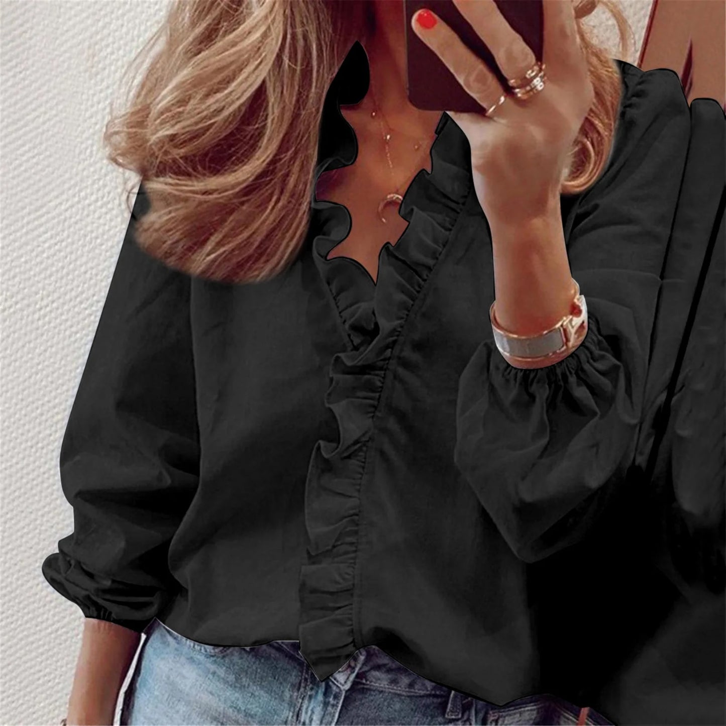 Camisa de manga larga con volantes para mujer - moda primavera verano