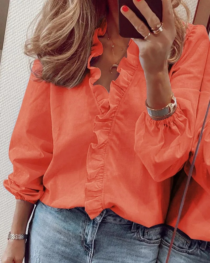 Camisa de manga larga con volantes para mujer - moda primavera verano