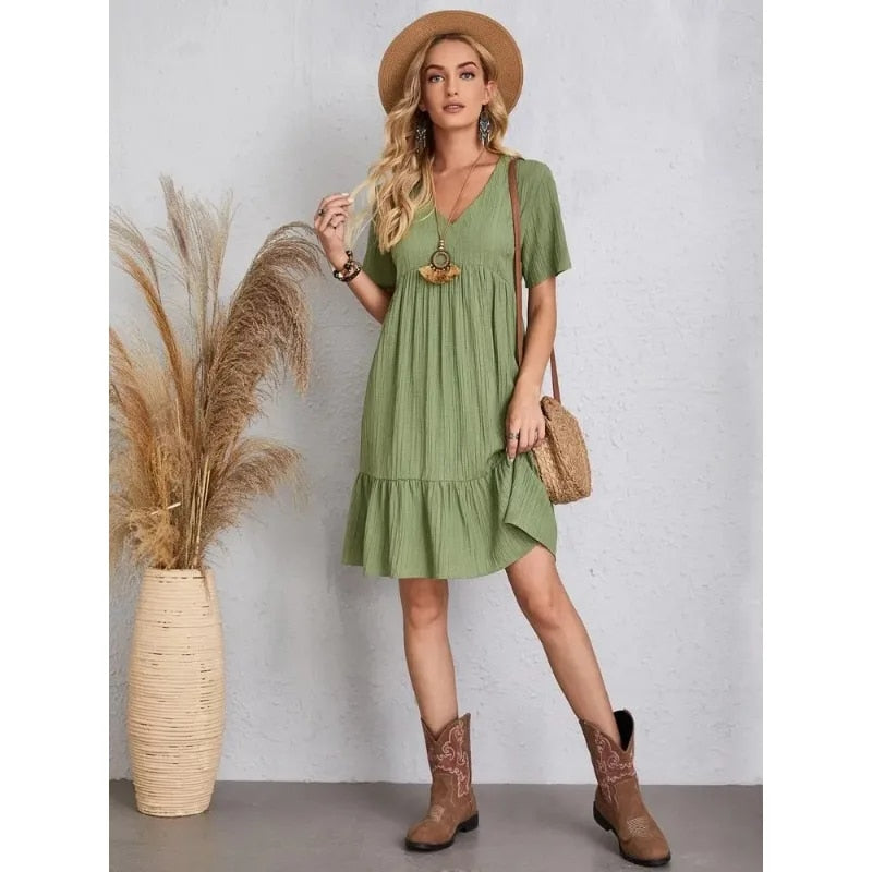 Vestidos boho para mujer con escote en pico y manga corta.