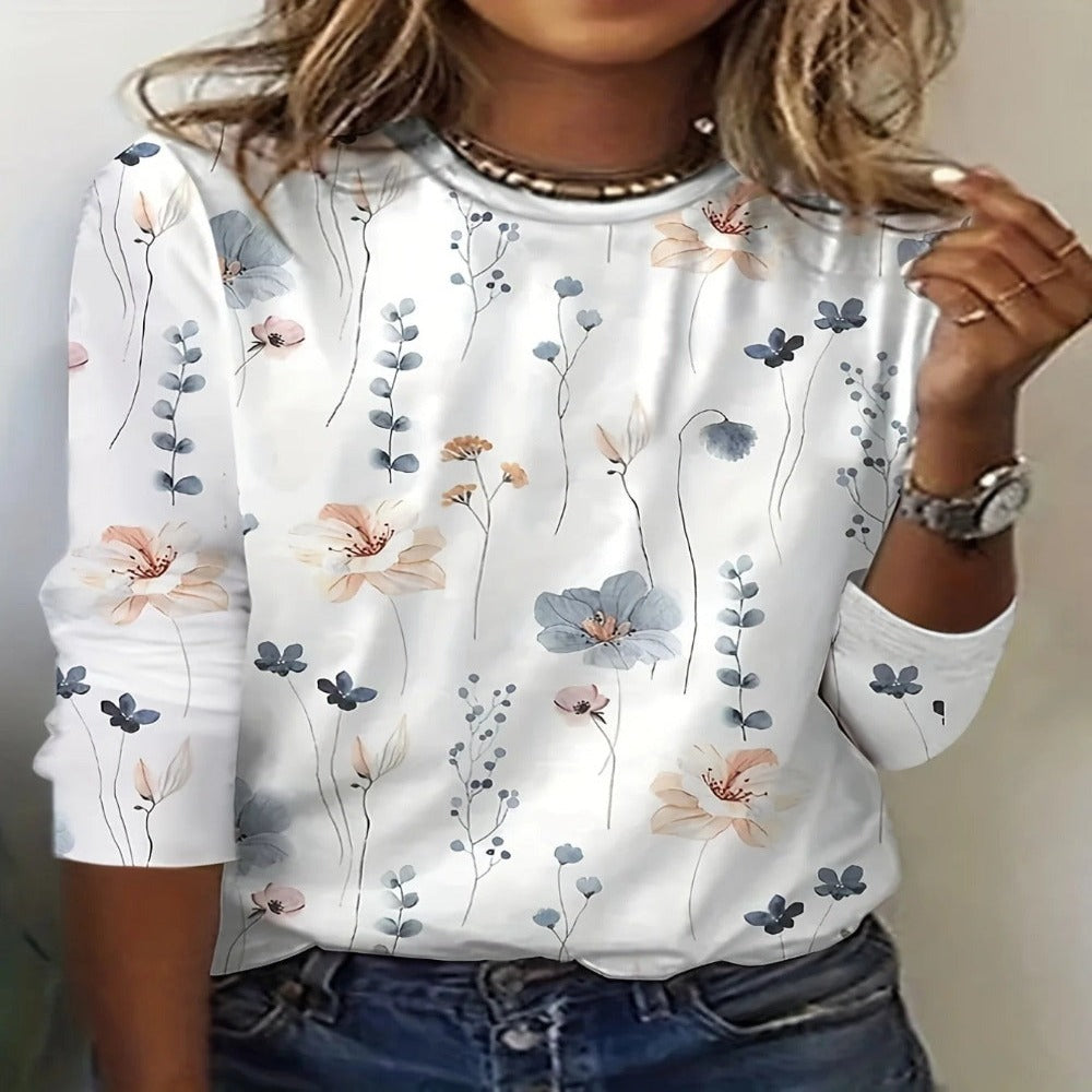 Camiseta de cuello redondo y manga larga con estampado floral