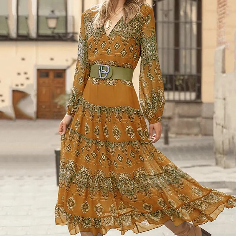 Abito lungo con scollo a v e maniche lunghe