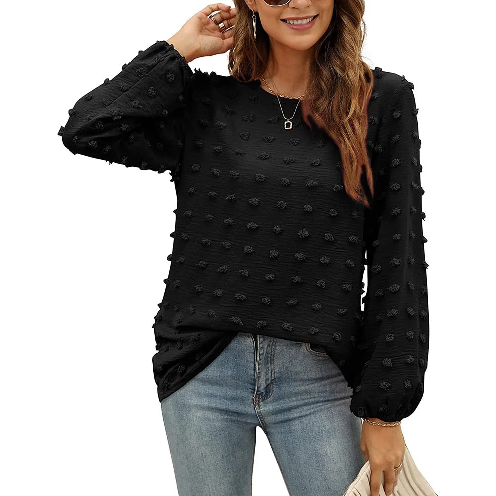 Camicetta in chiffon da donna, girocollo, maniche lunghe con pompon eleganti.