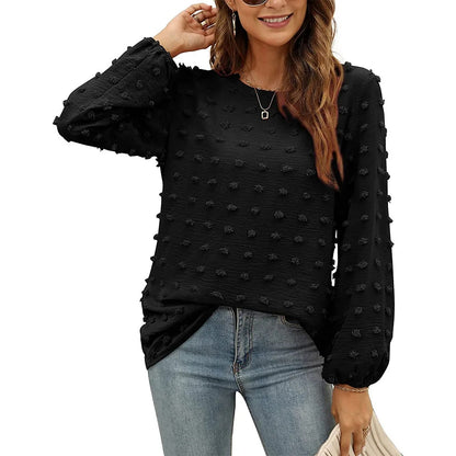 Camicetta in chiffon da donna, girocollo, maniche lunghe con pompon eleganti.