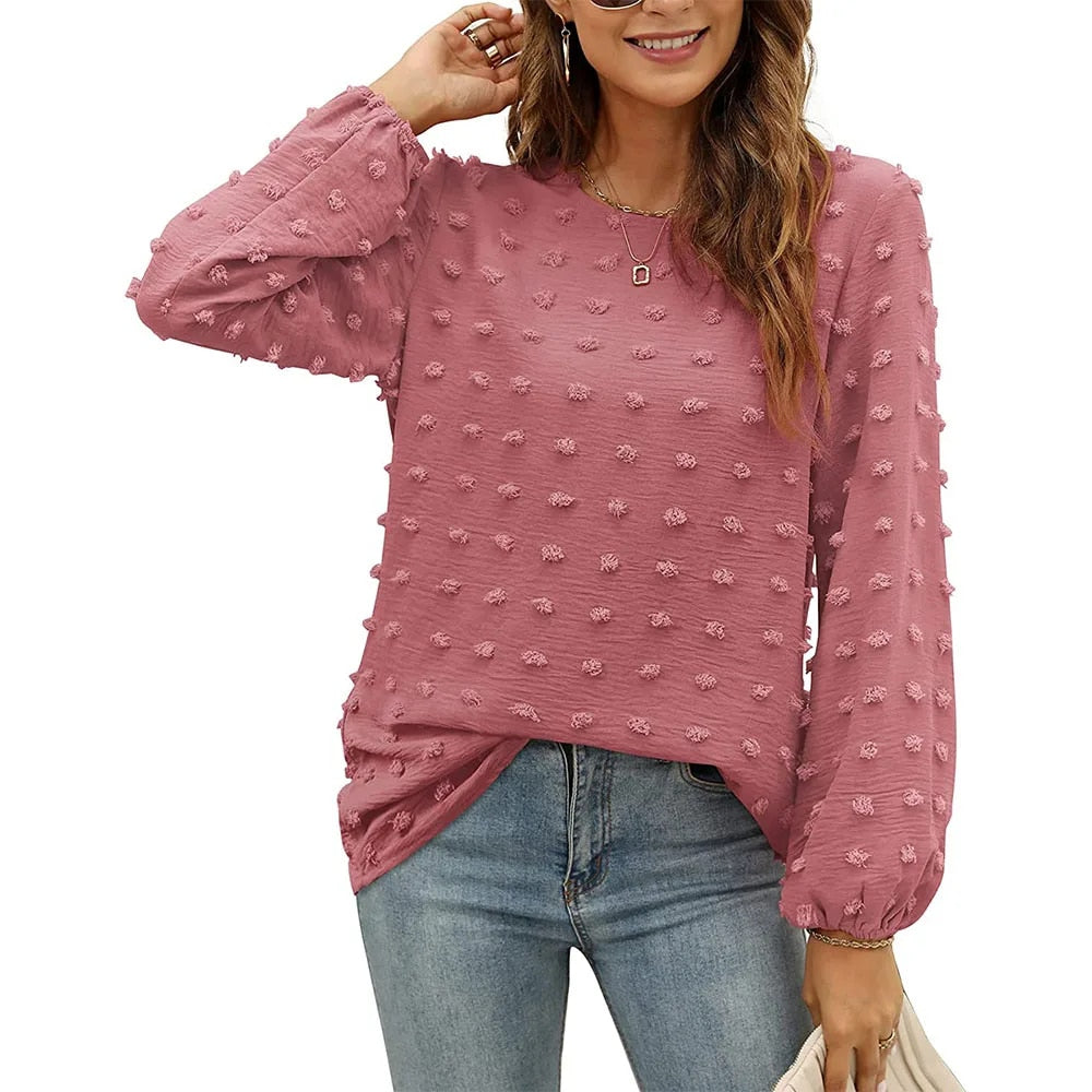 Camicetta in chiffon da donna, girocollo, maniche lunghe con pompon eleganti.