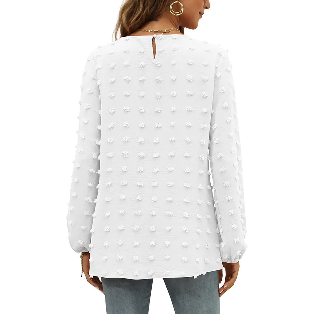 Camicetta in chiffon da donna, girocollo, maniche lunghe con pompon eleganti.