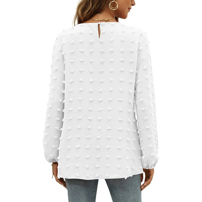 Camicetta in chiffon da donna, girocollo, maniche lunghe con pompon eleganti.