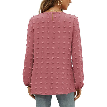 Camicetta in chiffon da donna, girocollo, maniche lunghe con pompon eleganti.