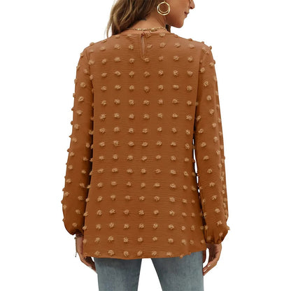 Camicetta in chiffon da donna, girocollo, maniche lunghe con pompon eleganti.