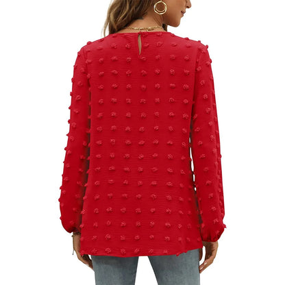 Camicetta in chiffon da donna, girocollo, maniche lunghe con pompon eleganti.