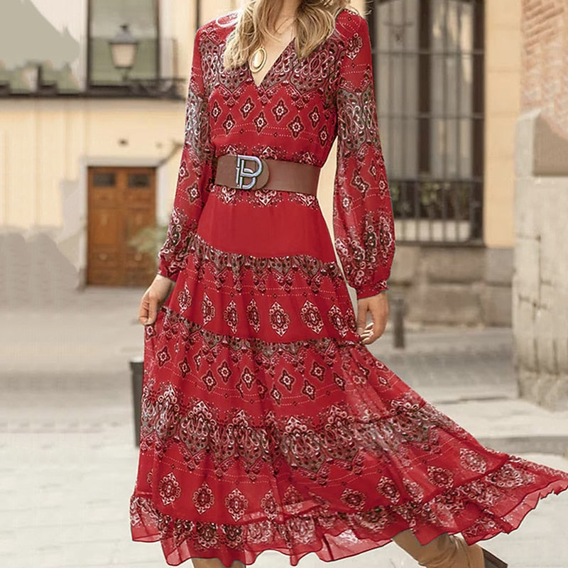 Abito lungo con scollo a v e maniche lunghe