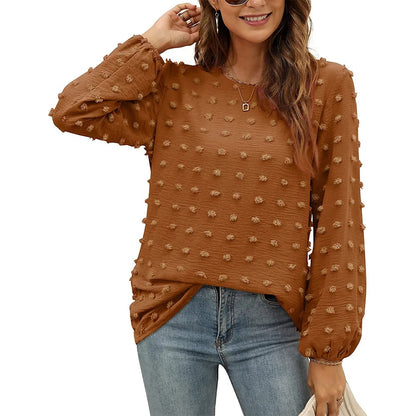 Camicetta in chiffon da donna, girocollo, maniche lunghe con pompon eleganti.