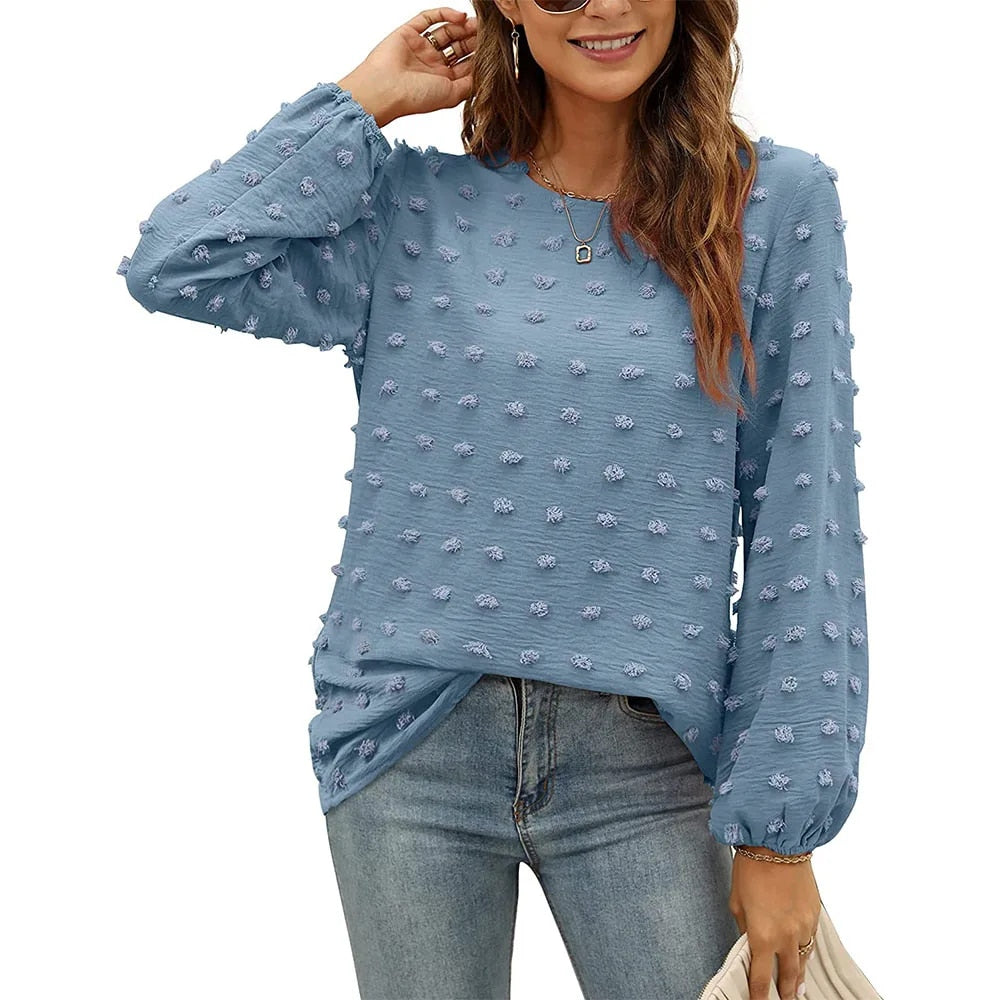 Camicetta in chiffon da donna, girocollo, maniche lunghe con pompon eleganti.